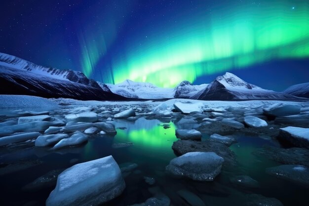 Cores vibrantes das luzes do sul sobre uma morrena glacial