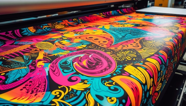Cores vibrantes e padrões florais ornamentados adornam o moderno desenho têxtil gerado pela inteligência artificial