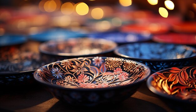 Cores vibrantes iluminam cerâmica ornamentada para celebrações tradicionais em ambientes fechados, geradas por inteligência artificial