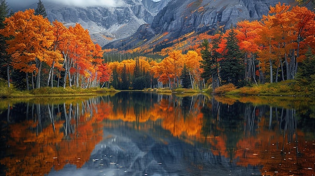Cores vívidas do outono refletidas num lago quieto