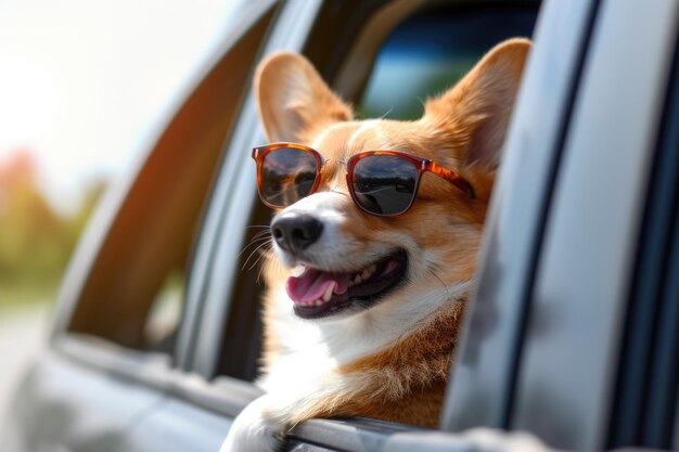 Corgi alegre com óculos de sol no carro