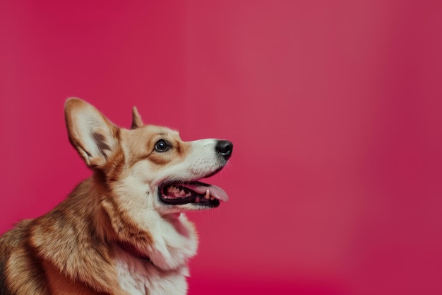 Un Corgi alegre sonriendo sobre un fondo rojo vívido