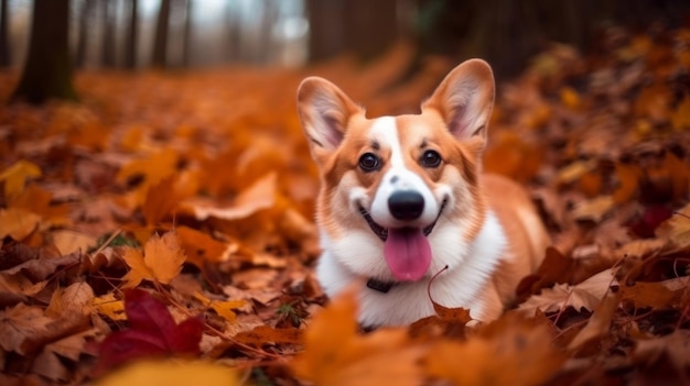 Corgi en el bosque de otoño Ilustración AI GenerativexA