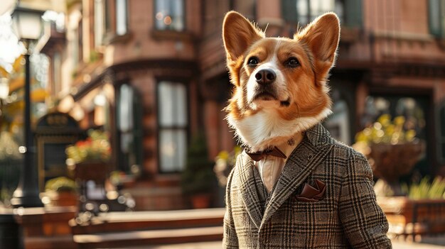 Foto un corgi con una chaqueta de tweed y una corbata de pollo está de pie frente a un edificio de ladrillo