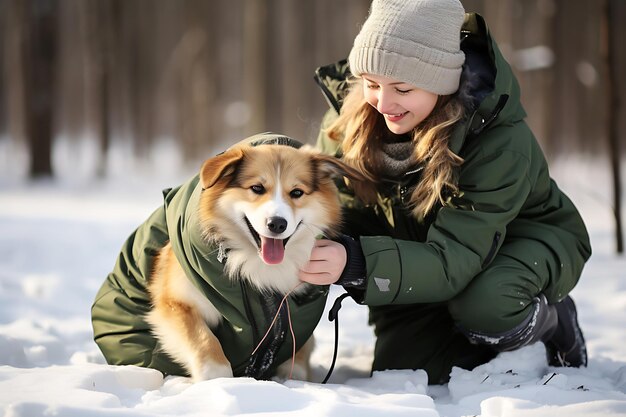 Corgi con una chaqueta verde cálida y una dueña de perro en un paseo por el parque en invierno Foto horizontal