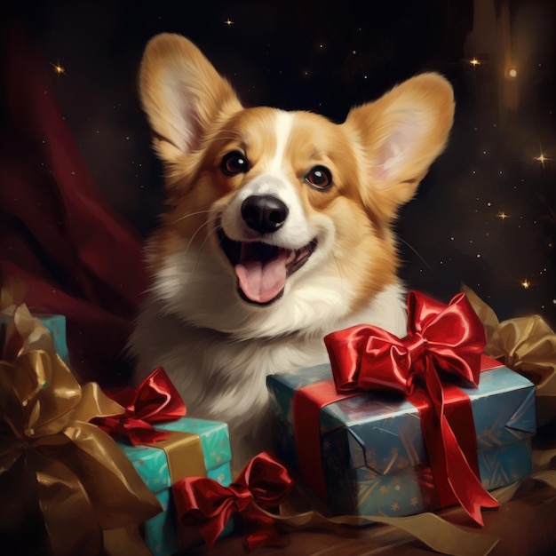 Corgi de Natal com um presente em seus dentes e fundo cintilante