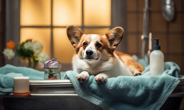 Foto corgi disfruta de un soleado día de spa relajándose sobre una manta con flores cerca de una ia generativa