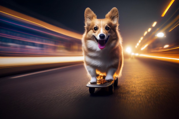 Corgi em um skate dirigindo em alta velocidade no meio da rodovia entre carros Gerar AI