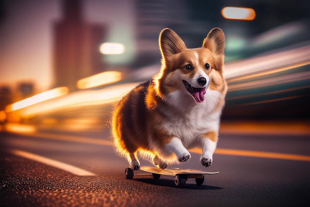 Corgi em um skate dirigindo em alta velocidade no meio da rodovia entre carros Gerar AI