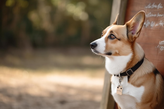 Corgi galés de cardigan con una tabla vacía colgando de su cuello