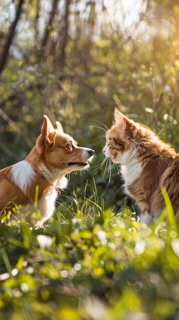 Corgi y gato explorando un jardín