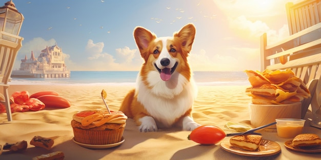 Corgi genießt einen ruhigen Strandtag, sonnt sich in der Sonne und bietet eine herrliche Aussicht auf KI-Generierung