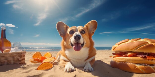 Corgi genießt einen ruhigen Strandtag, sonnt sich in der Sonne und bietet eine herrliche Aussicht auf KI-Generierung