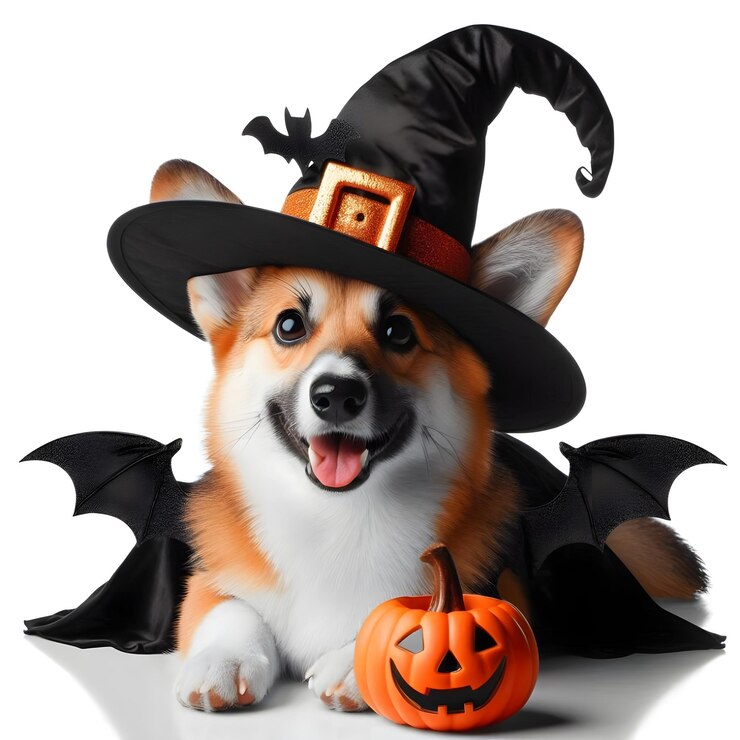 Corgi de Halloween con calabaza aislada sobre un fondo blanco