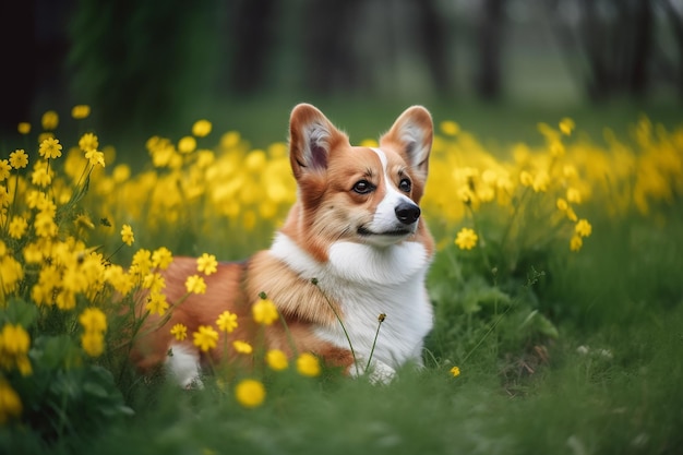 Corgi-Hund in einem Blumenfeld