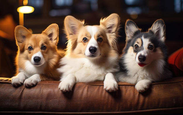 Corgi-Hunde und langhaarige Katzen teilen sich das Sofa Generative AI