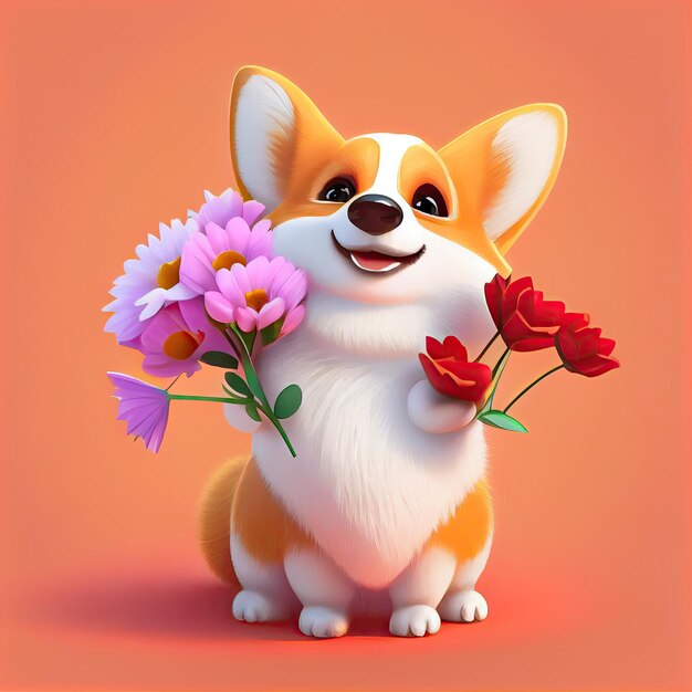 Corgi lindo sonriente sosteniendo ramo en flores de colores aislado fondo cálido