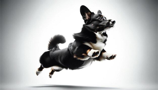 Foto un corgi negro en medio salto hacia el dueño