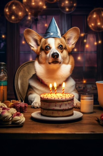 Corgi con pastel de cumpleaños y velas El perro tiene un cumpleaños Generativo ai