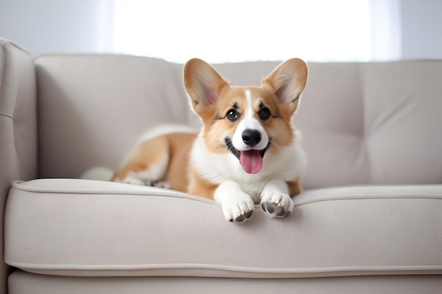 Corgi Pembroke, der Hund sitzt auf der Couch, das Haustier ist drinnen