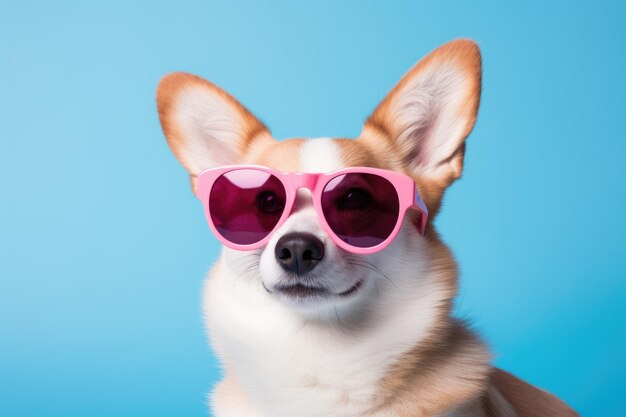 Corgi perro muy feliz con gafas de sol en un fondo rosa brillante