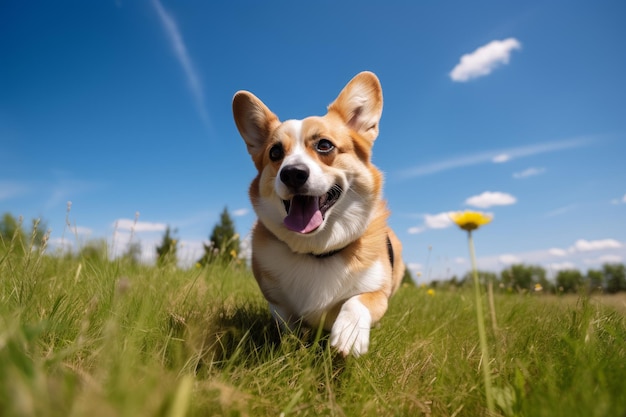 Corgi rennt durch grünes Gras. Lächelndes Porträt. Erzeuge KI