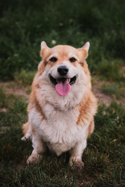 Foto corgi se sienta en la hierba y sonríe con la lengua fuera el perro pastor más pequeño del mundo