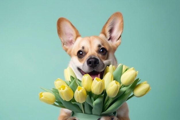 Un corgi sostiene un ramo amarillo de tulipanes