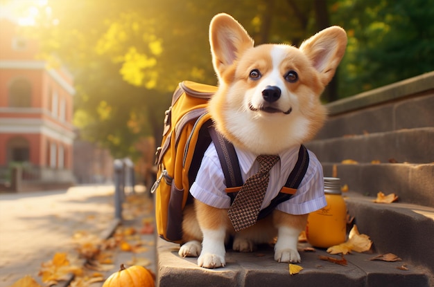 Corgi en uniforme escolar Corgi va a la escuela estudiante corgi IA generativa