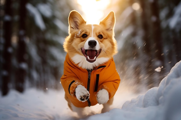 Corgi vestido com uma jaqueta laranja corre ao longo de um caminho coberto de neve enquanto caminha na floresta