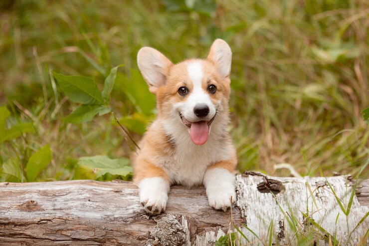 Foto corgi-welpe beim spaziergang im sommer