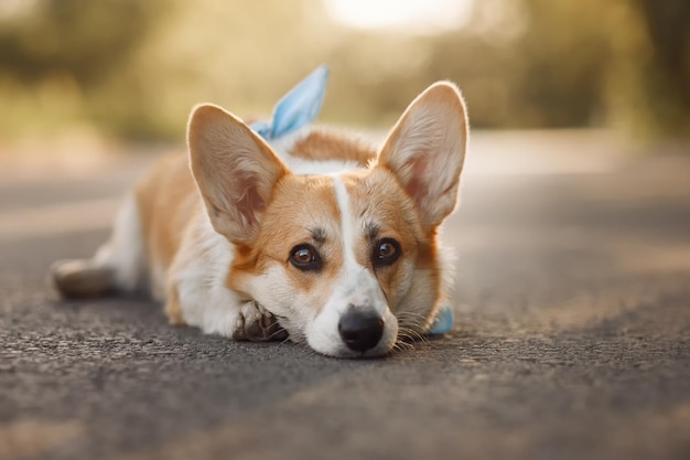 Corgi yace en el asfalto Corgi sufre de un calor sofocante