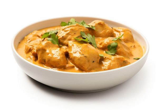 Corma de frango isolado em cozinha indiana branca prato de curry de carne com leite de coco masala comida asiática