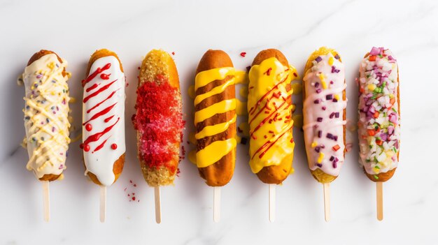 Corn-Dogs mit einer Vielzahl von Toppings