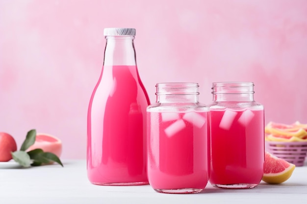 Foto corneles rojos en una taza de vidrio con jugo en la tetera y en el vaso