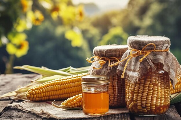 Foto cornels con jugo en el vaso y el frasco