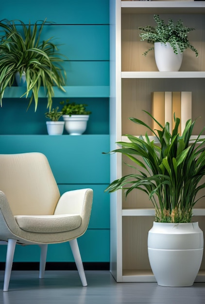 Corner de sala de estar moderno com cadeira elegante e plantas de interior