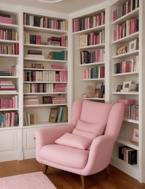 Corner de lectura rosado con una estantería llena de libros