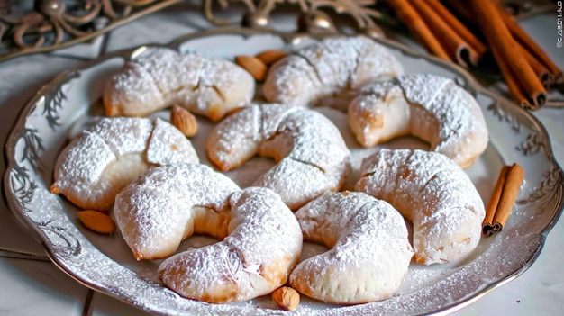 Cornes de Gazelle bolos em forma de crescente preenchidos com pasta de amêndoa Camadas flocosas com centro de nozes