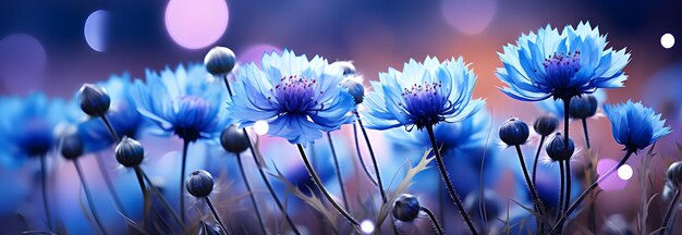 cornflowers en la hierba verde en el estilo de bokeh panorama