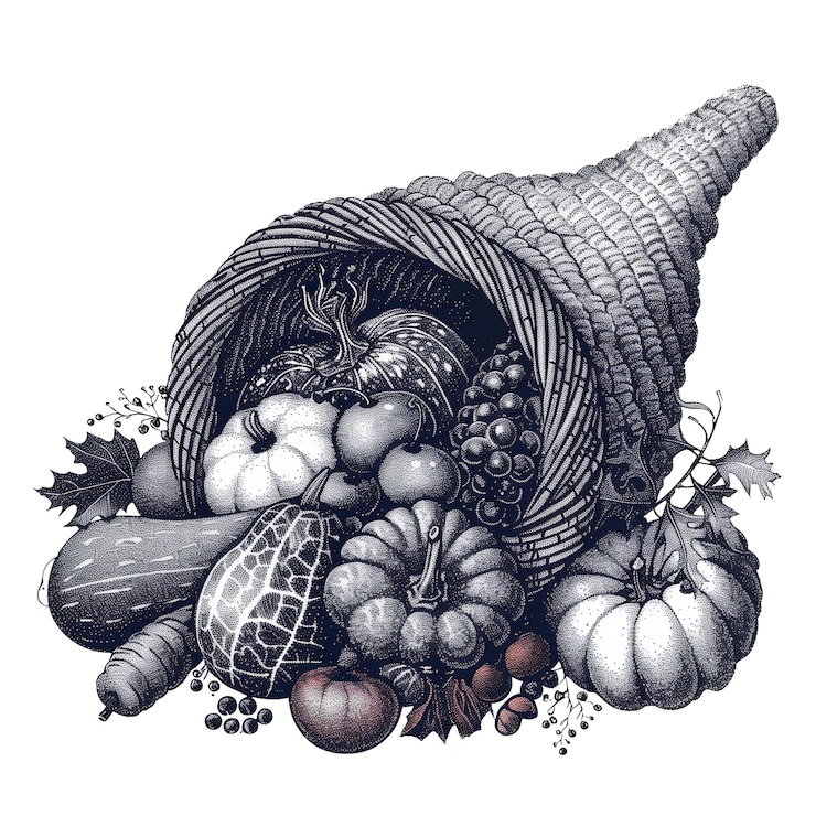Foto cornucopia com frutas e legumes de outono em estilo pontilhado monocromático sem tons isolado em claro