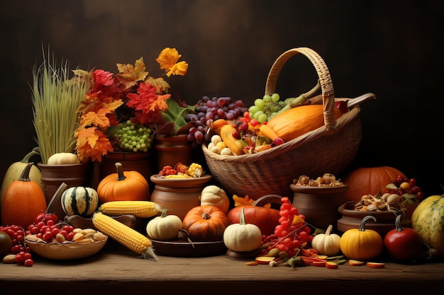 cornucópia tradicional transbordando com uma mistura de alimentos de outono com borda em aquarela