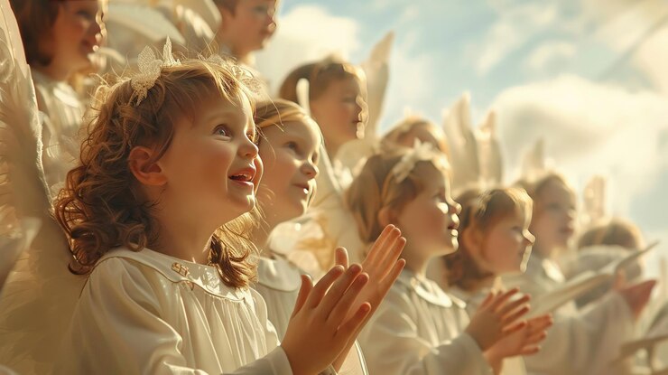 Foto coro alegre de anjos e crianças em harmonia