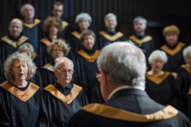 Coro de ancianos con túnicas con un director al frente