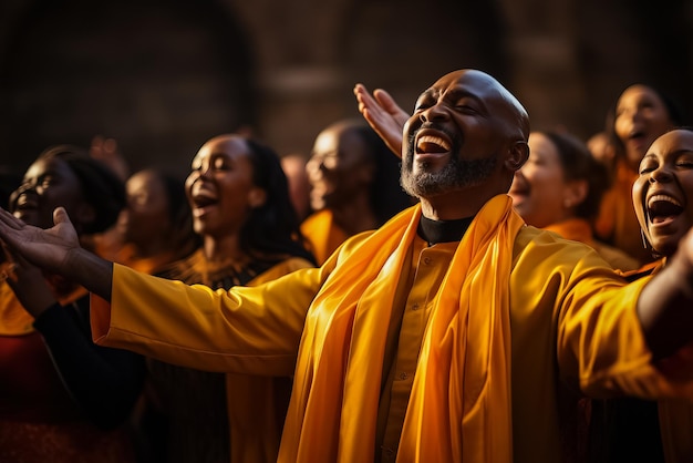 Coro de cantantes de gospel cristiano alabando