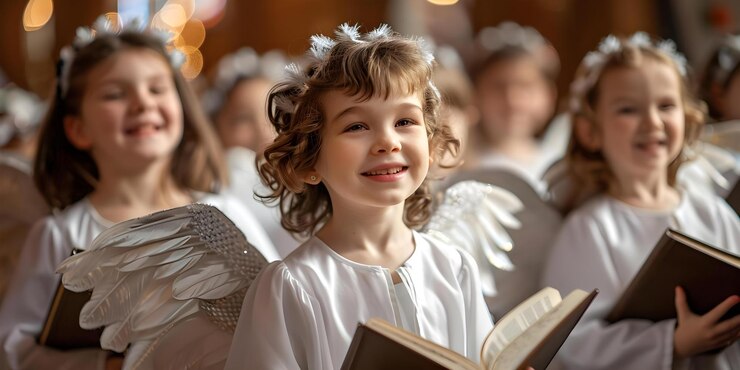 Foto coro da igreja infantil com asas e bíblias cantando canções alegres conceito coro children39s coro da igreja costumes coro cantando canções bíblicas
