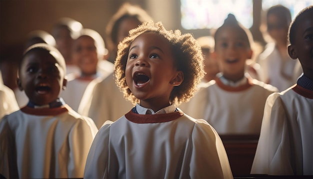 Coro de crianças afro-americanas cantando na igreja vestindo roupas tradicionais de coro crianças negras