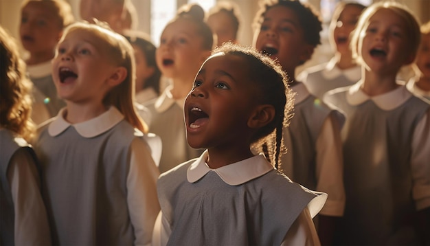 coro de crianças cantando na igreja vestindo roupas tradicionais de coro Crianças cantando igreja católica