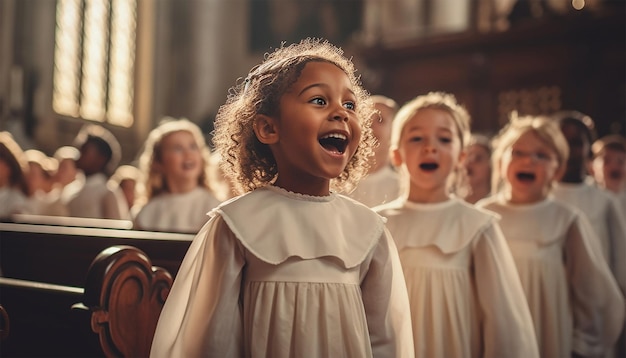 coro de crianças cantando na igreja vestindo roupas tradicionais de coro Crianças cantando igreja católica