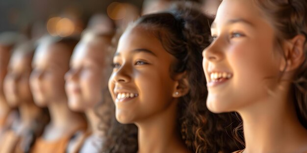 Foto coro de meninas unificado canta contra o racismo com determinação inabalável conceito empoderamento música unidade antirracismo liderança